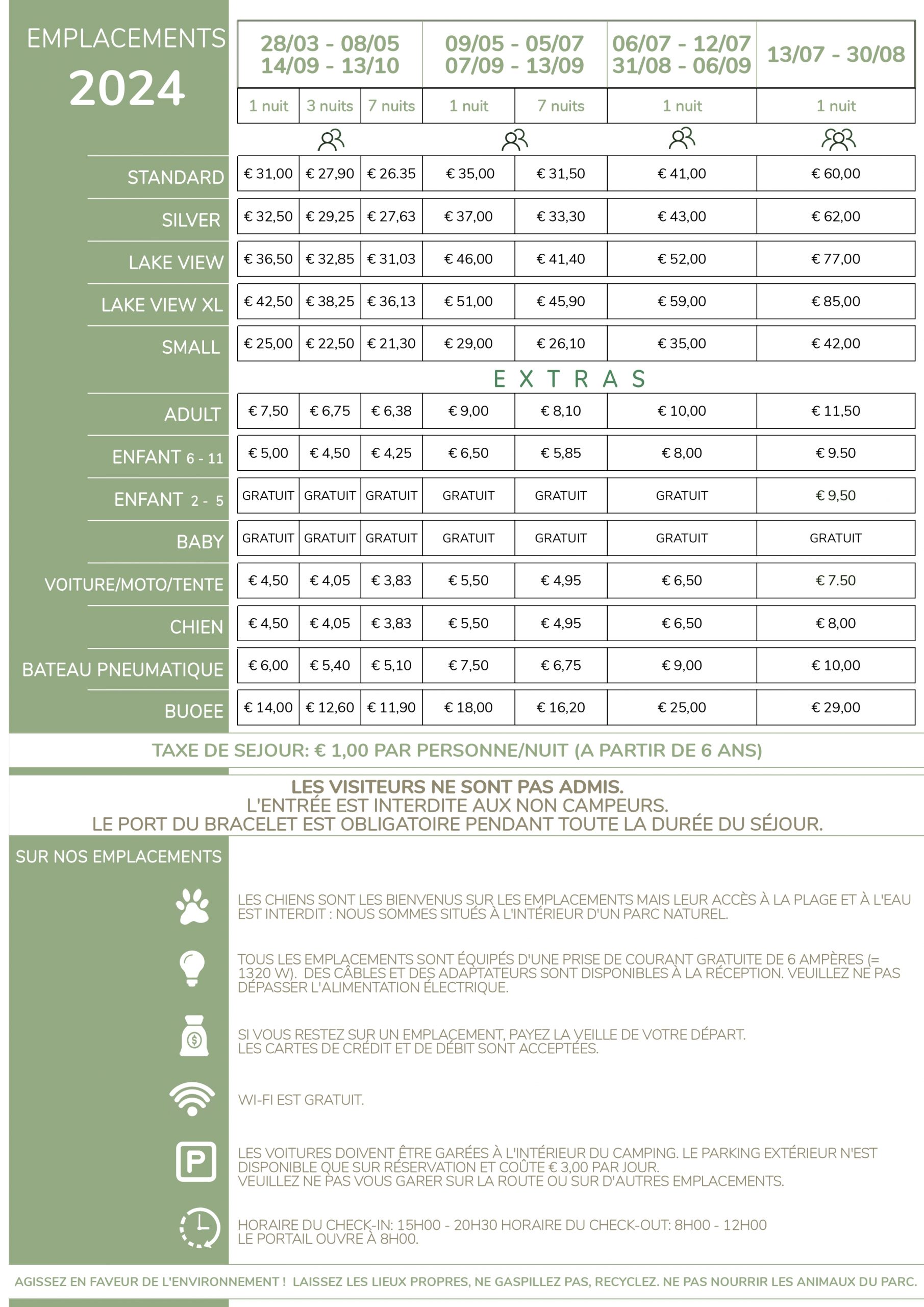 LISTE DES PRIX 2024 EMPLACEMENTS CAMPING VILLAGE CONCA D'ORO